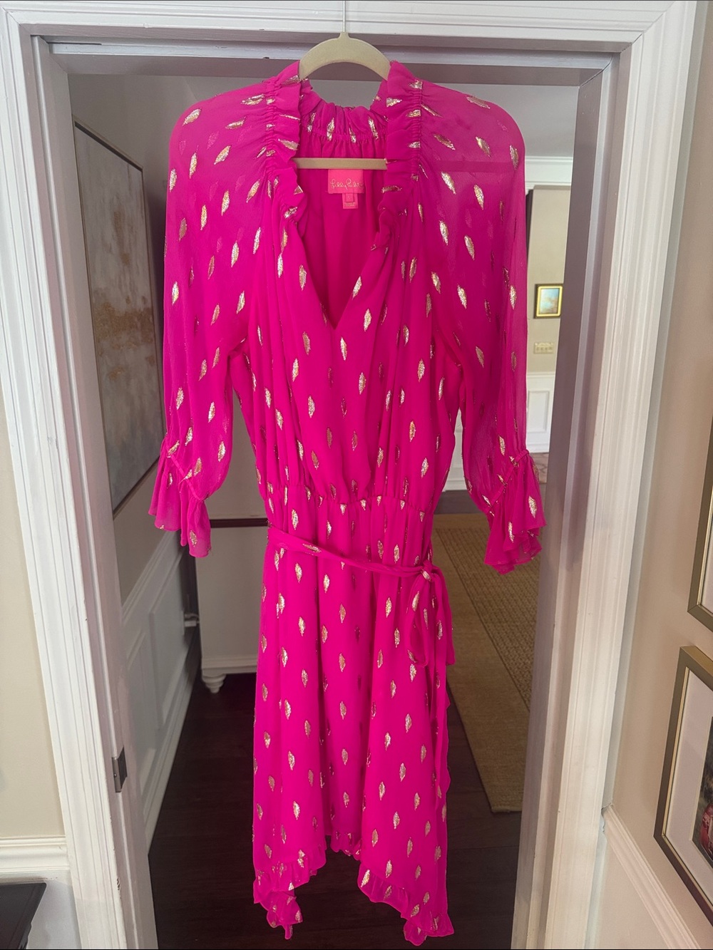 Lilly Pulitzer Hot Pink Metallic Feather-Print Ruffle Wrap Dress